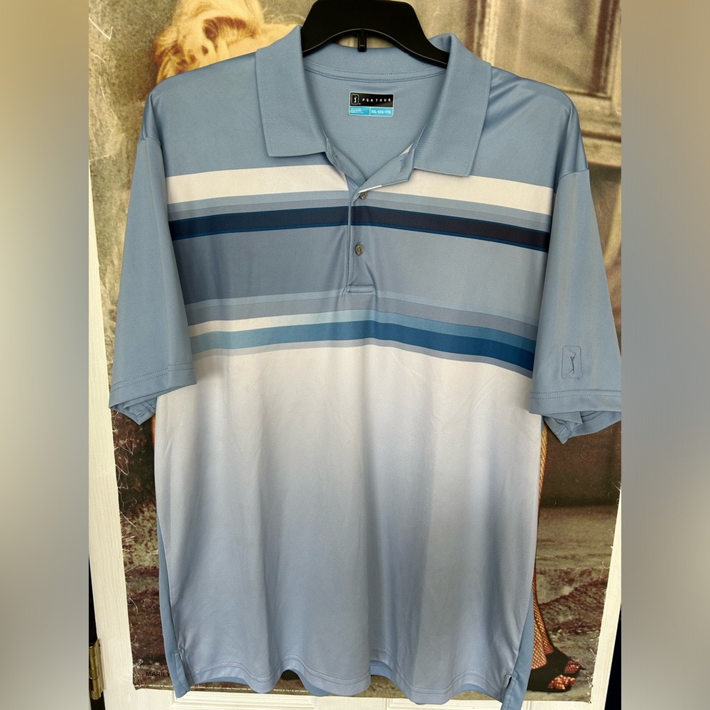 Mens PGA Tour athletic fit golf shirt. Blue w/ stripes. Size XXL. EUC!